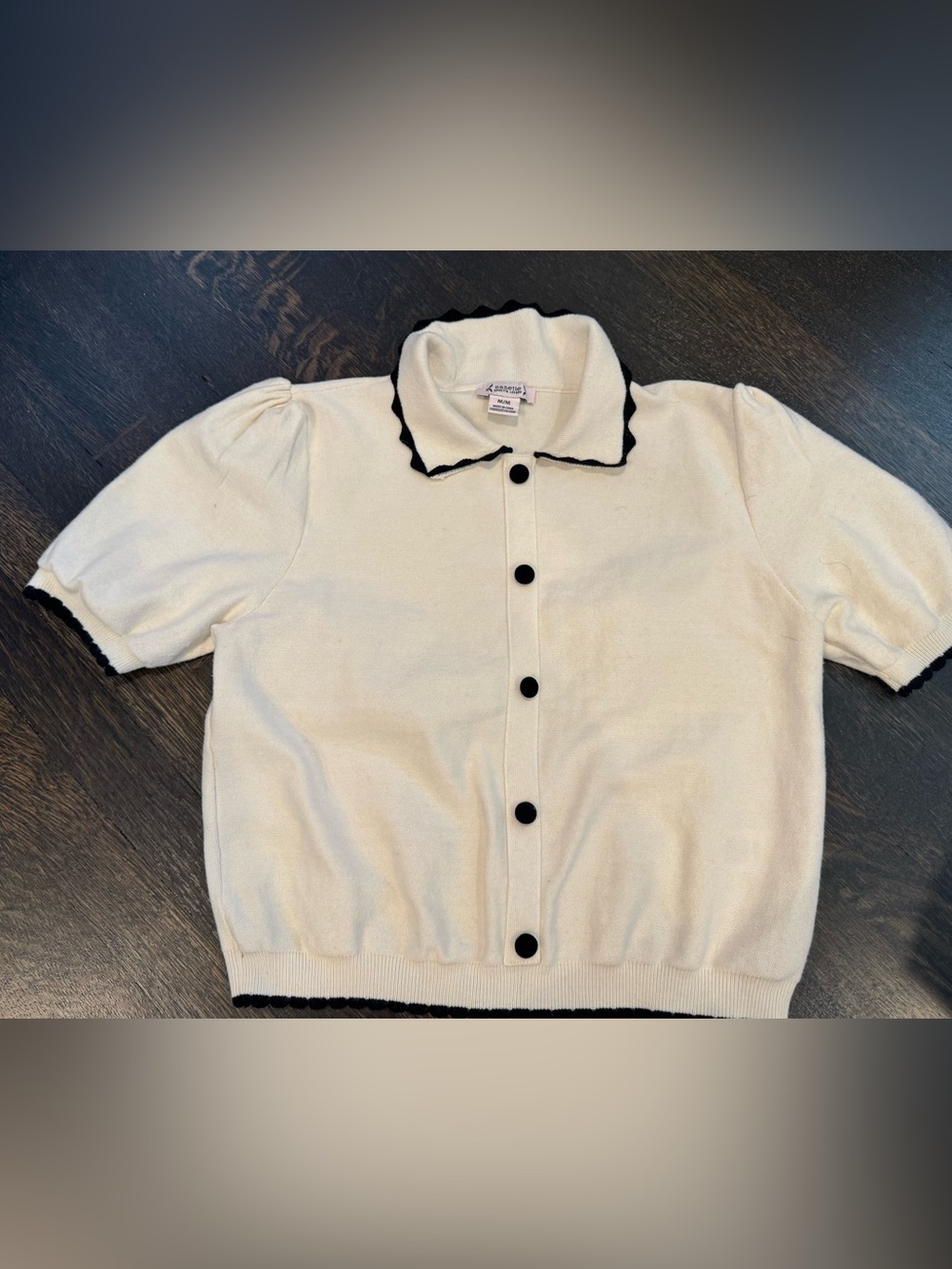 Nanette Lepore Cream Short-Sleeve Cardigan with Black Trim and Buttons